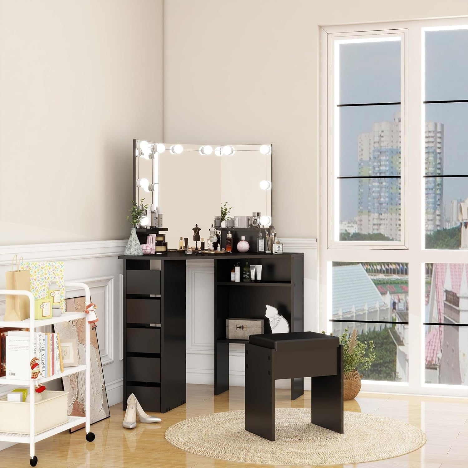 Modern Corner Dressing Table 10 LED Lights 5 Drawers Vanity Mirror Desk Black/Wh