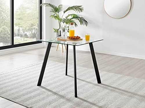 Square Glass Dining Table 80cm Black Metal Legs Modern Industrial 4-Seater