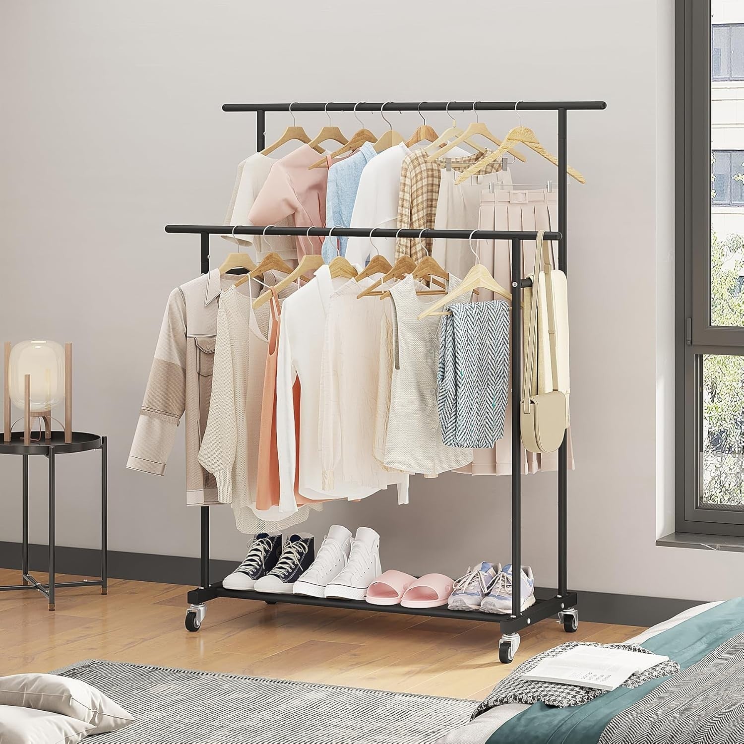 Black Double Rod Clothes Rack with Wheels & Storage Shelf