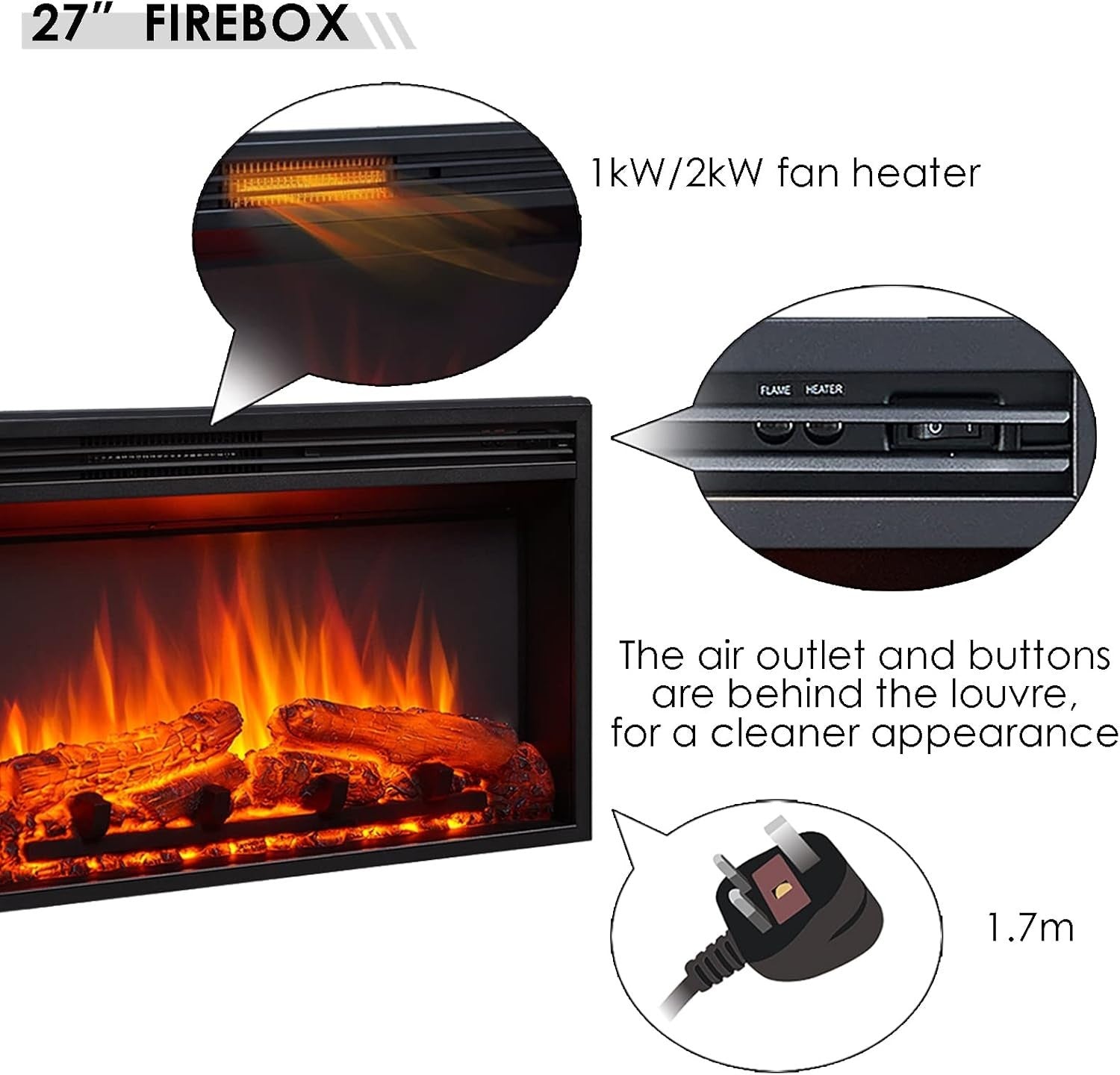 Electric Fireplace Suite 2000W Heater LED Flame Effect Remote Modern