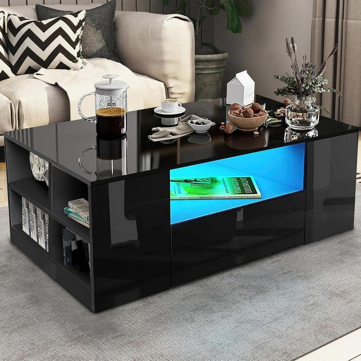 Black High Gloss Coffee Table with LED Lights, 2 Drawers & Storage 95x55x37cm