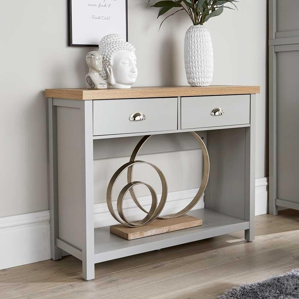 Grey Console Table with 2 Drawers & Shelf – Hallway Sideboard 72cm Oak Top