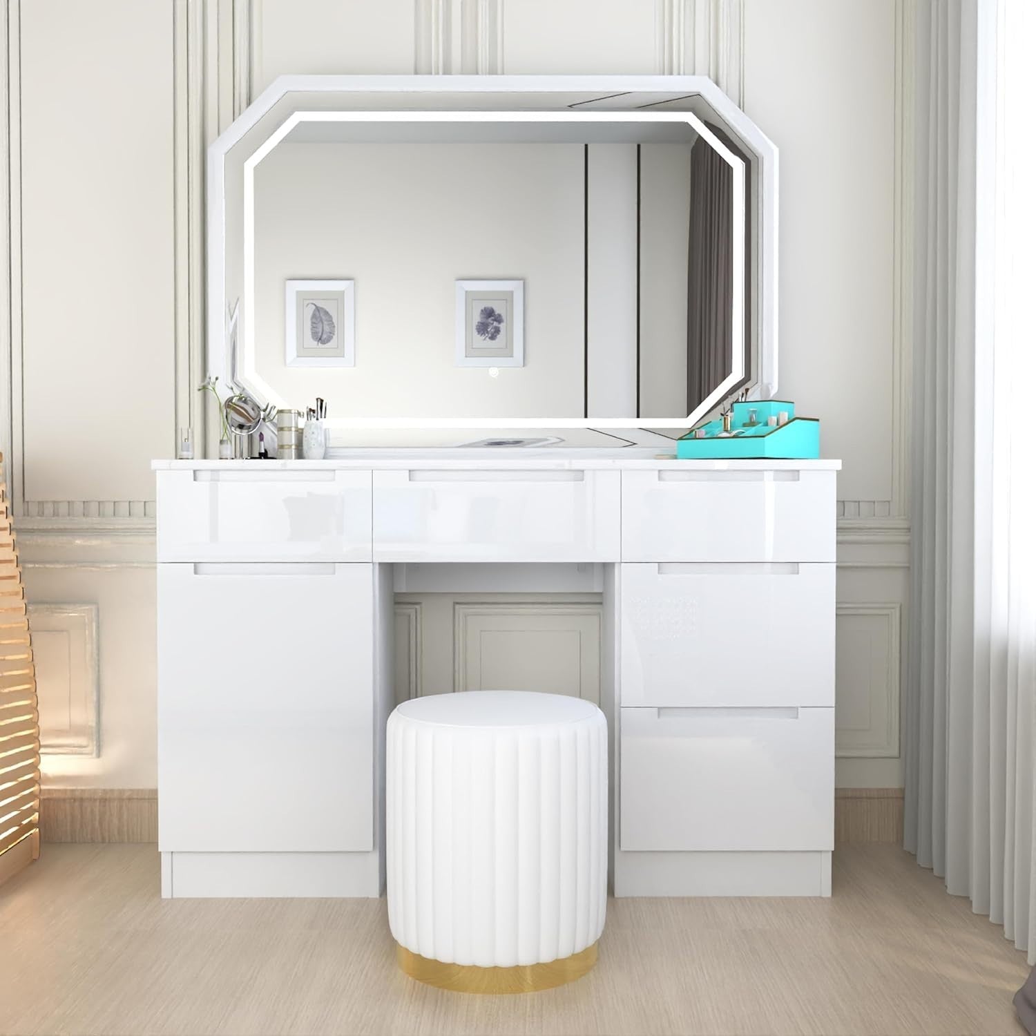 White LED Vanity Dresser Table Set 7 Drawer Makeup Mirror Stool Wood Storage