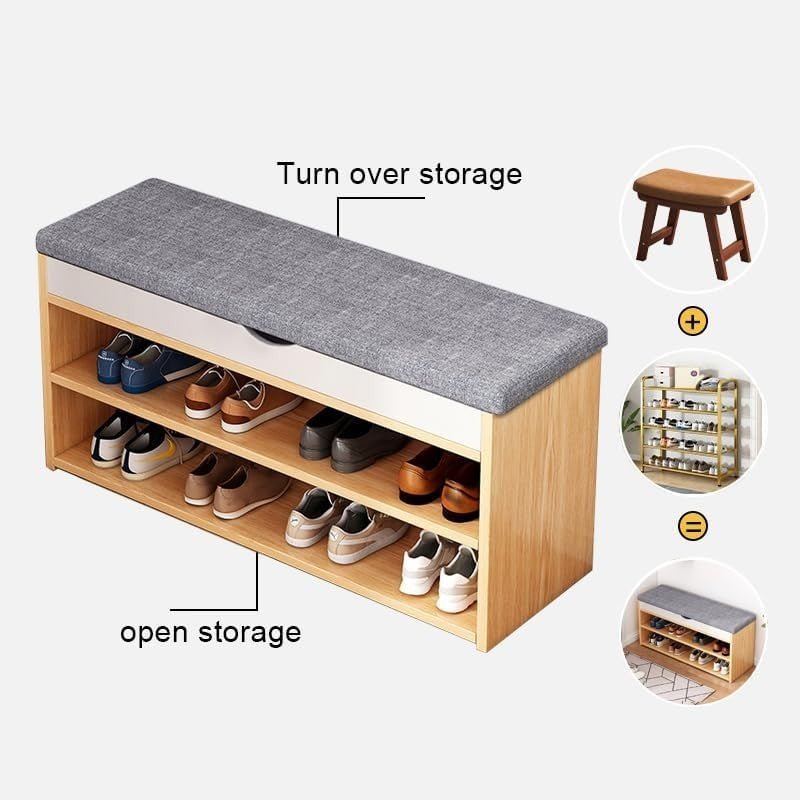 Natural Wooden Shoe Storage Bench with Cushion 2-Tier Organizer Cabinet