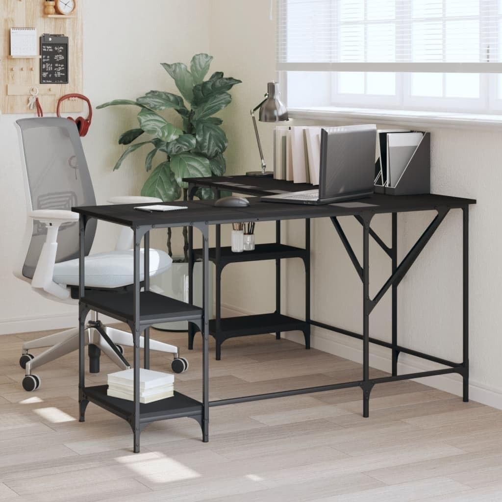 L-Shape Corner Desk with Shelves 139cm Black Office Study Computer Table