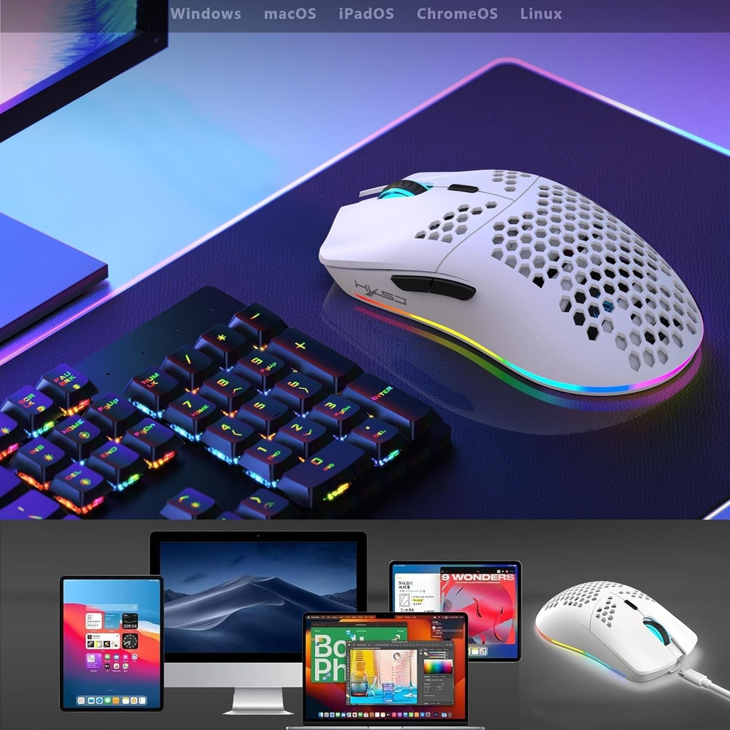 Wireless RGB Gaming Mouse 3600 DPI Honeycomb Lightweight