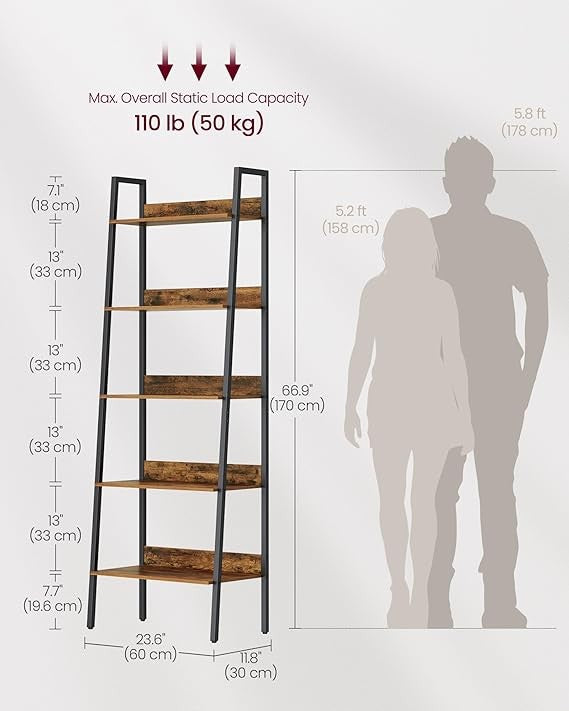 5-Tier Industrial Ladder Shelf Rustic Brown Metal Frame Freestanding Bookcase