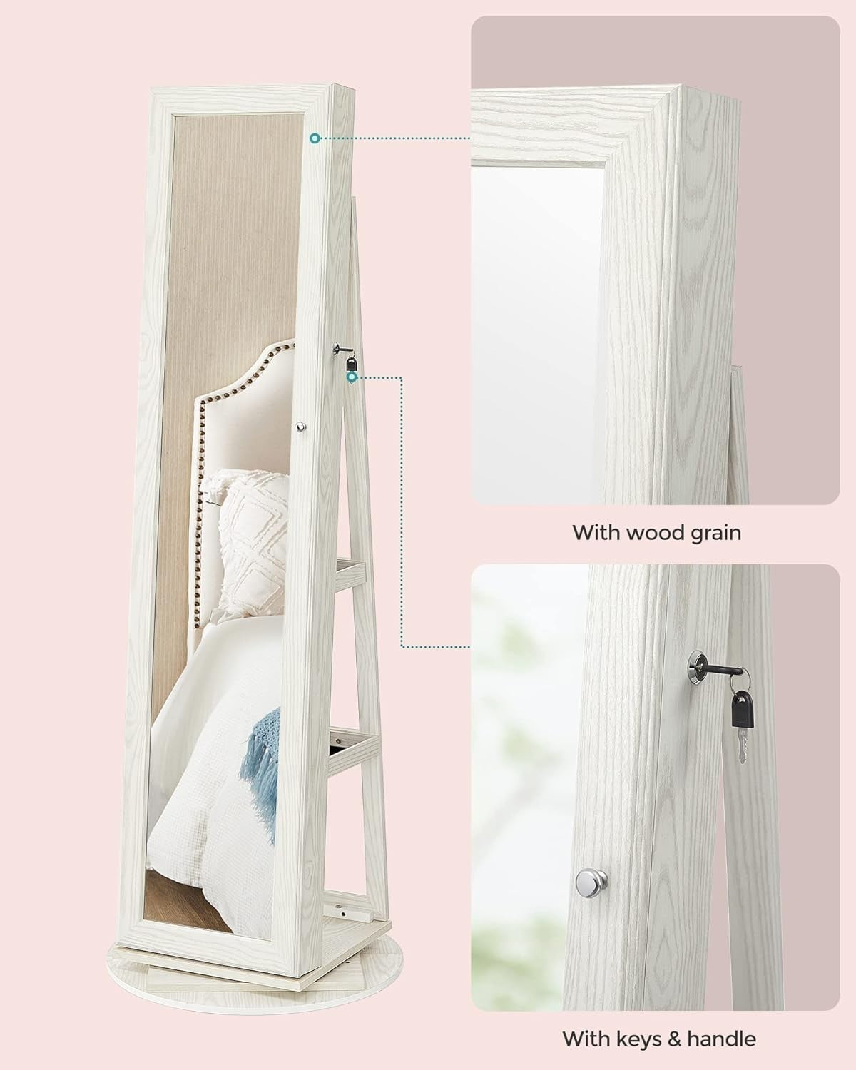 White & Grey Wood Grain 360° Swivel Jewelry Cabinet Mirror Lockable Stand