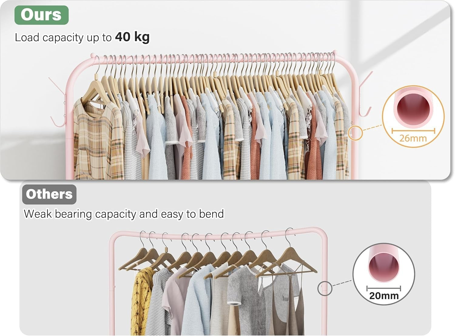 Portable Clothes Rail Pink 40KG Rack With Wheels Shelf & Hooks