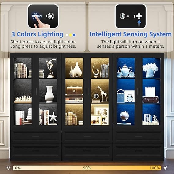 Tall Black Display Cabinet with LED Lights & Glass Doors – 67" Storage Unit