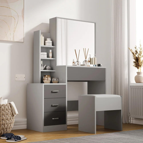 Modern Vanity Table with Sliding Mirror Storage 4 Drawers Dresser Dark Grey