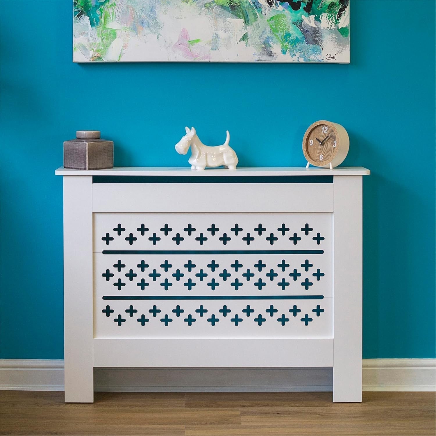 White MDF Radiator Cover with Cross Pattern Vents W109xH82cm Modern Cabinet