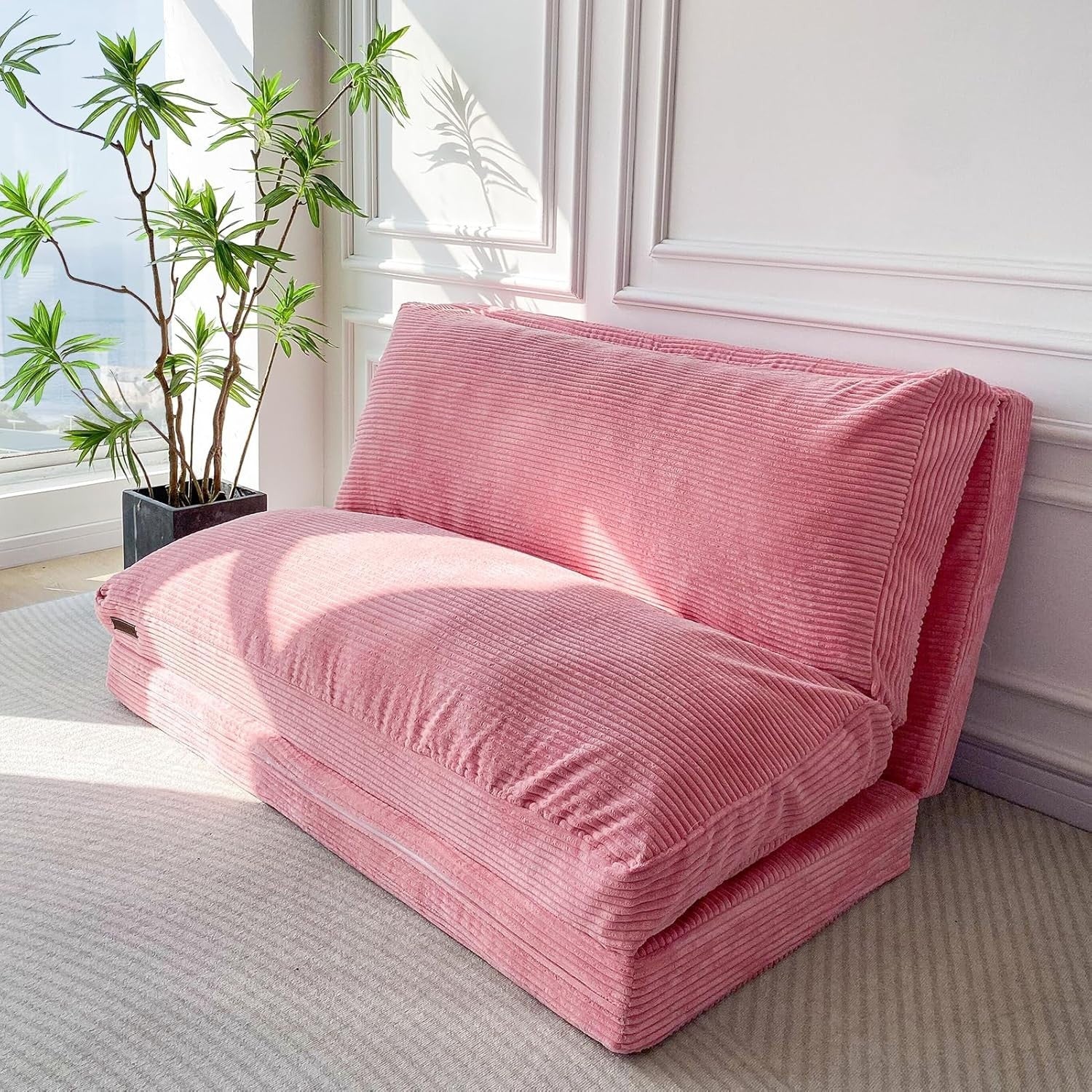 Pink Corduroy 4 Fold Sofa Floor Bed Chair 75x240cm Washable Cover Foam