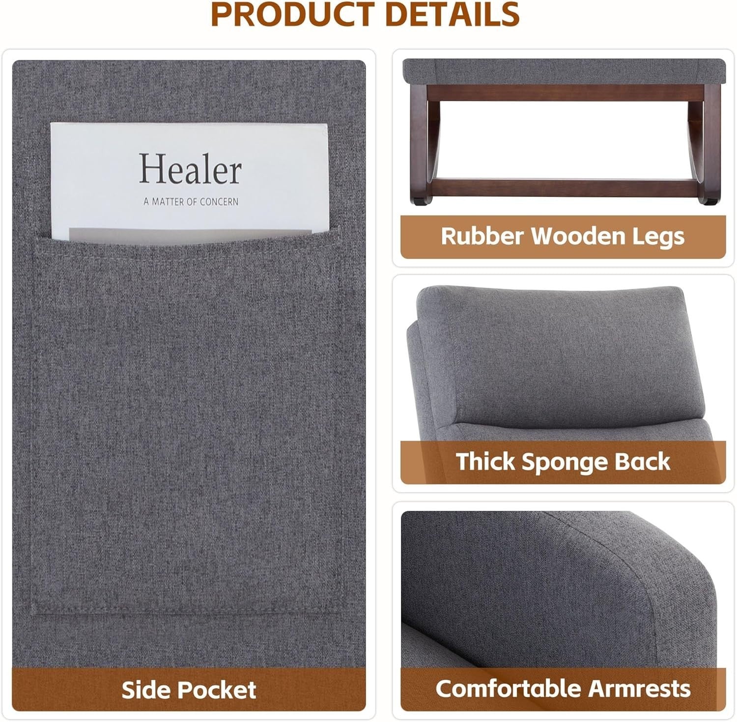 Modern Linen Rocking Chair with High Back & Side Pockets for Adults