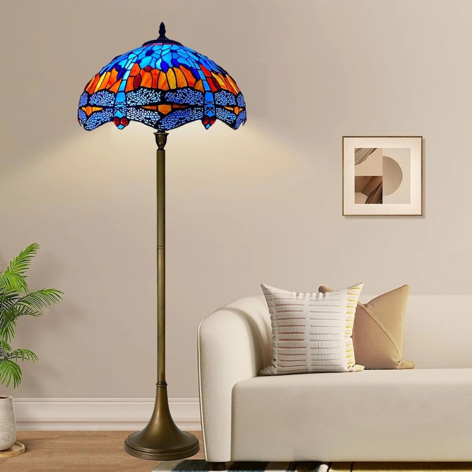 Tiffany Style Floor Lamp Handcrafted Stained Glass 16in Antique Hall Light