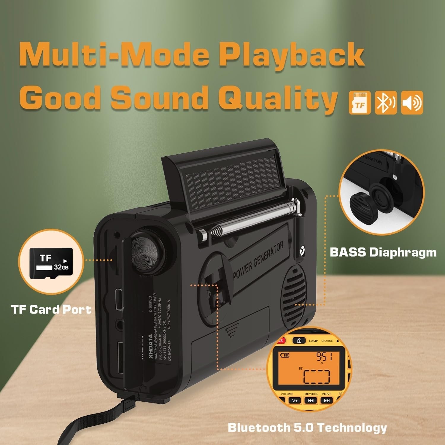 Emergency Solar Wind Up Radio FM/AM/SW Torch Bluetooth USB MP3