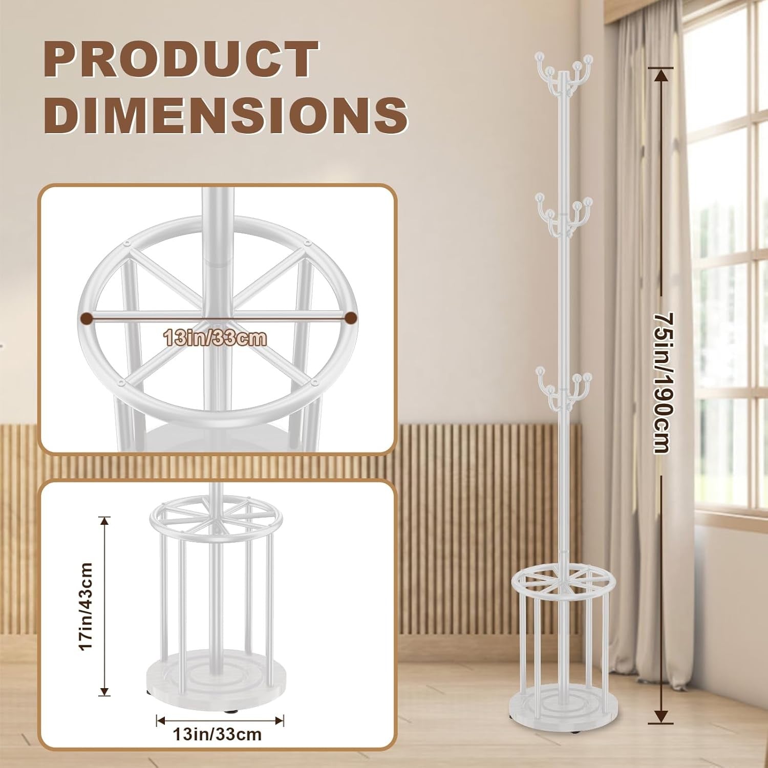 White Metal Coat Rack Stand | 12 Hook Freestanding Hall Tree with Umbrella Base