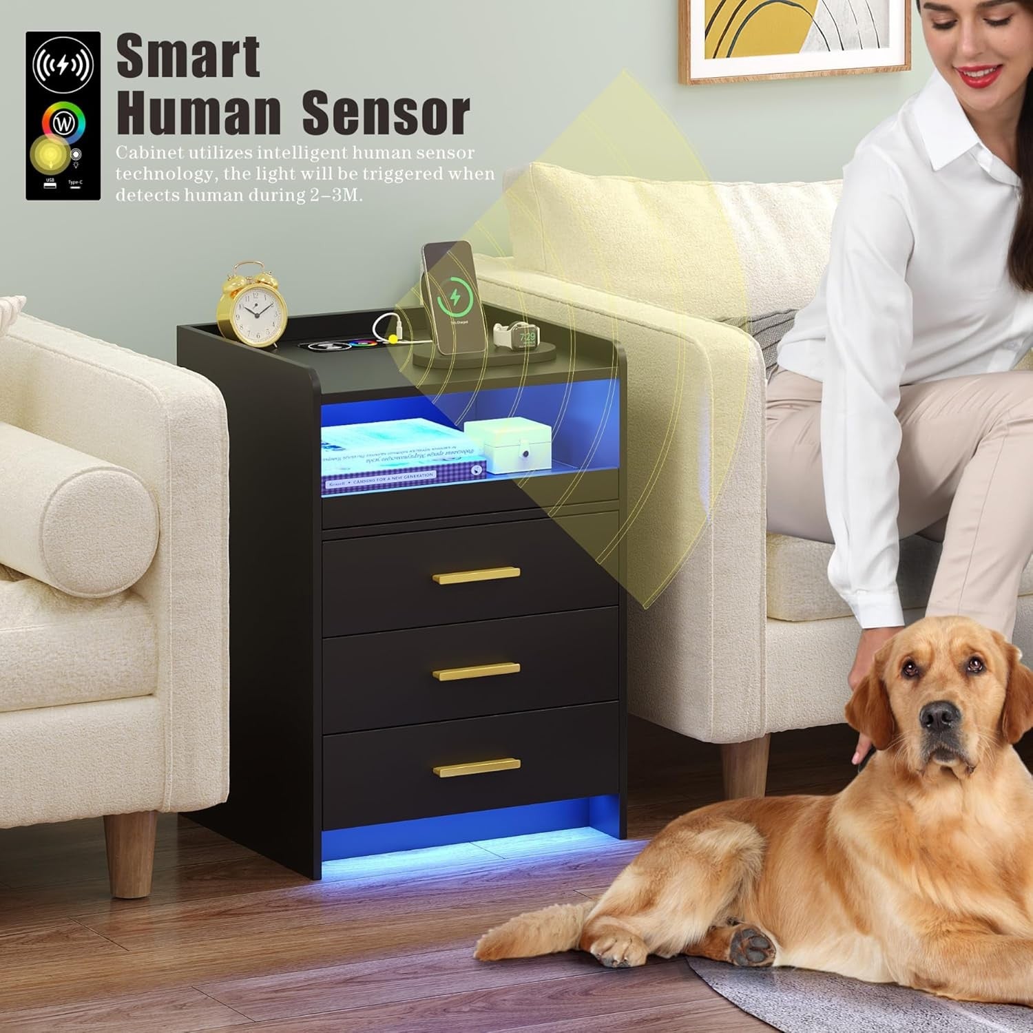 Black Bedside Table with LED Light, Charging Ports & 3 Drawer Storage Unit