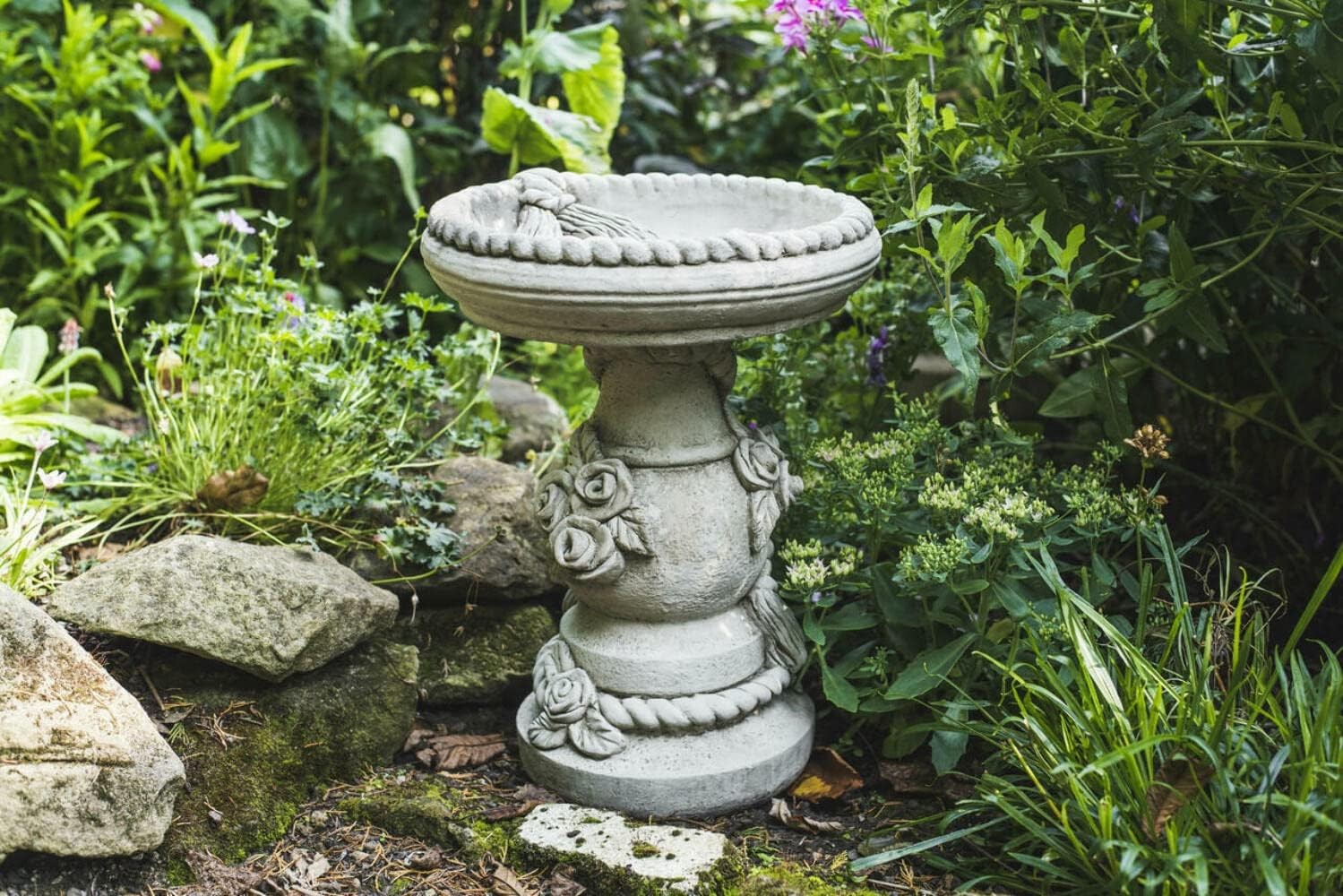 Stone Bird Bath Feeder Ropes & Roses Design Garden Ornament Sculpture Outdoor