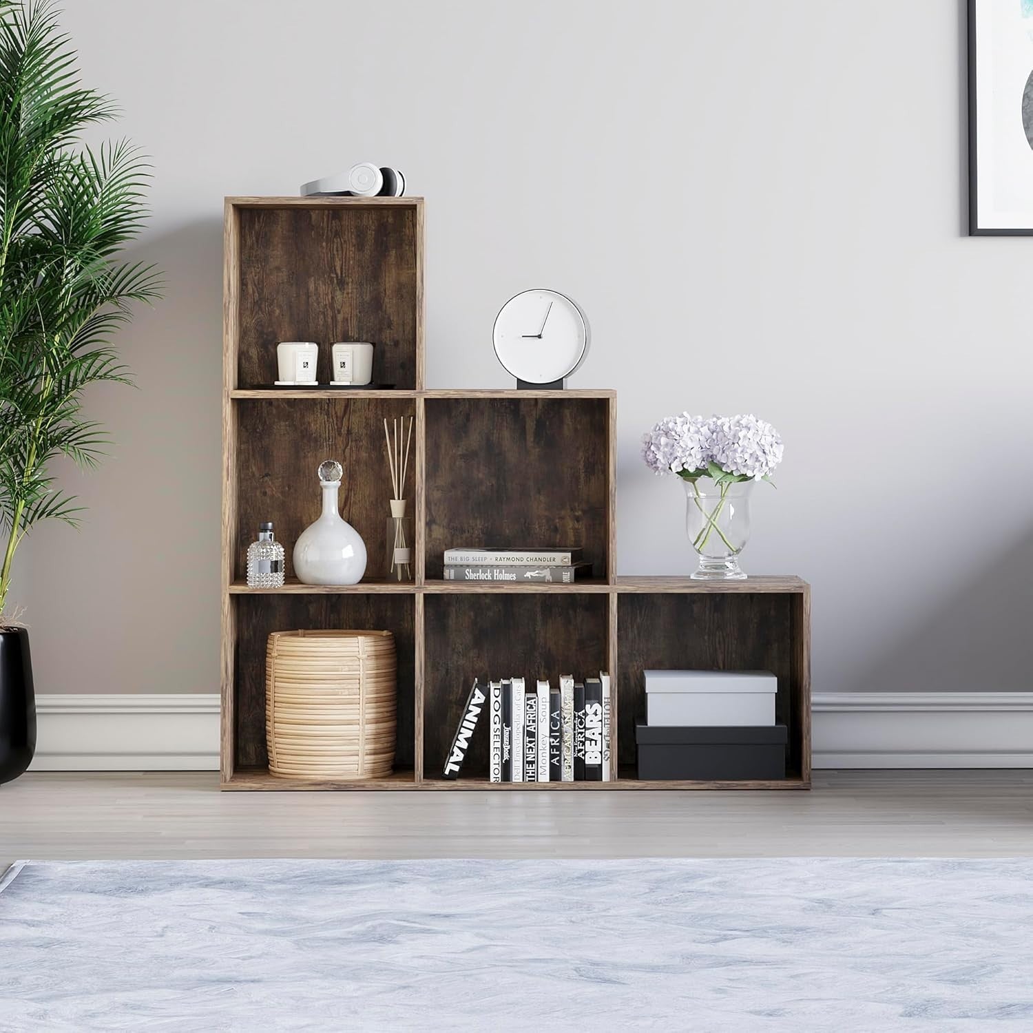 6 Cube Dark Wood Staircase Storage Shelf Modern Durable Organizer