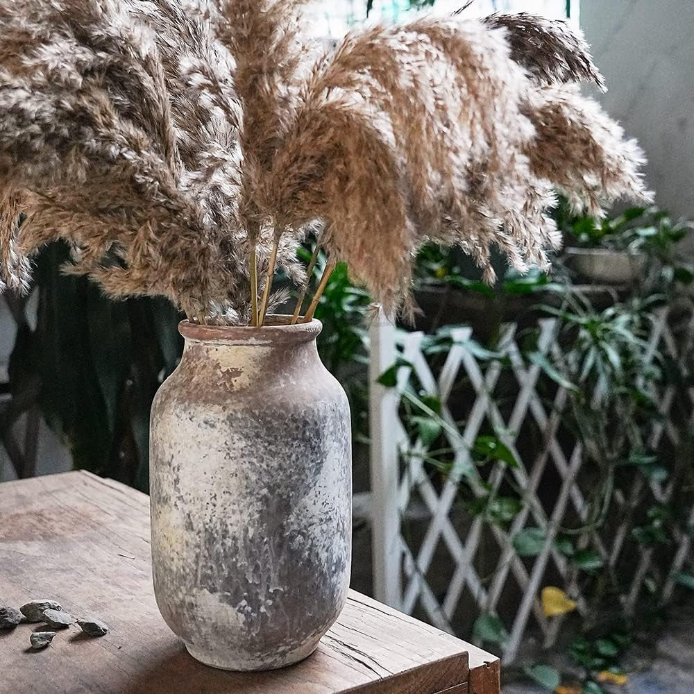 Rustic Ceramic Flower Vase 9.5in Whitewashed Terracotta Farmhouse Décor
