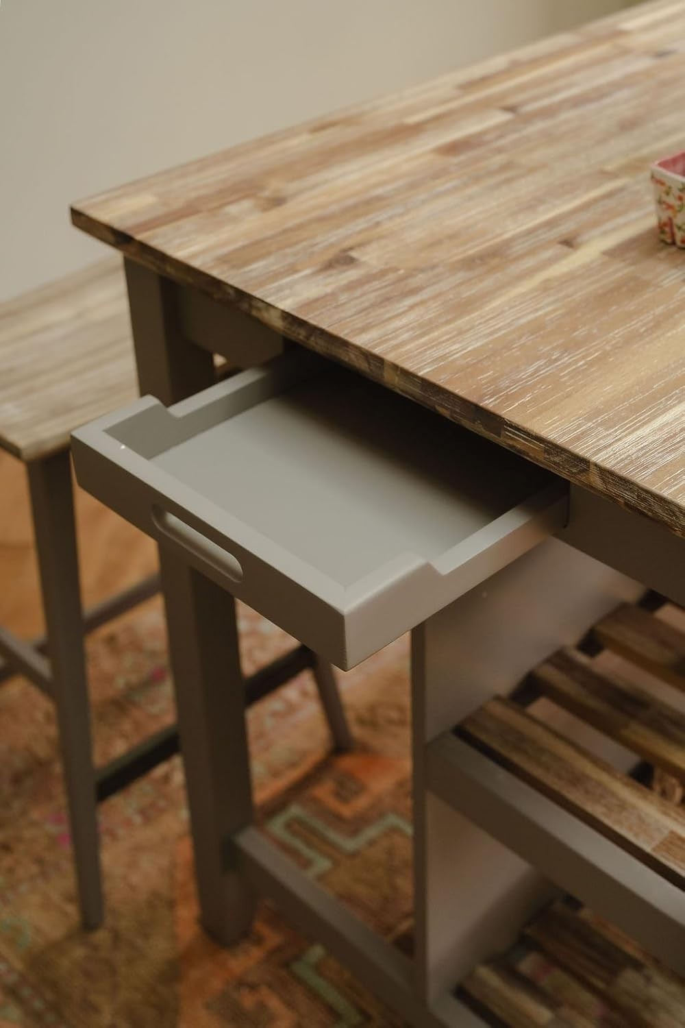 Breakfast Bar with Acacia Wood Top Storage Shelves Kitchen Island Truffle Home
