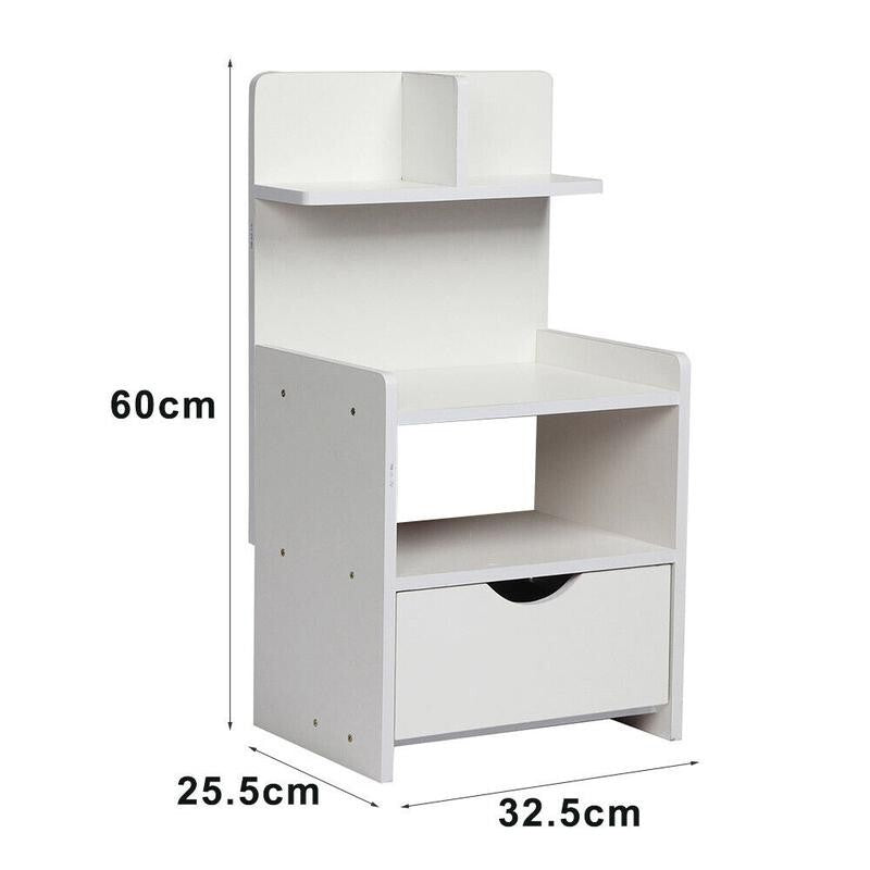 White Bedside Table with Drawer & Shelves, Compact Nightstand 60cm Modern