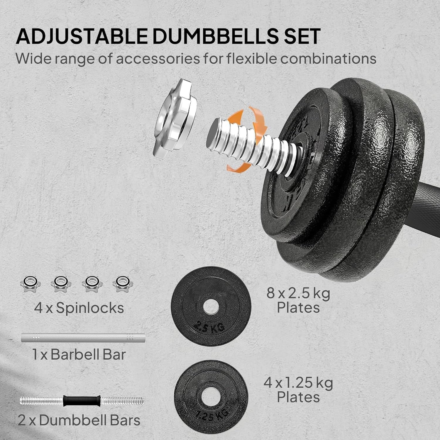 30kg Adjustable Dumbbell Barbell Set Cast Iron Spinlock Home Gym