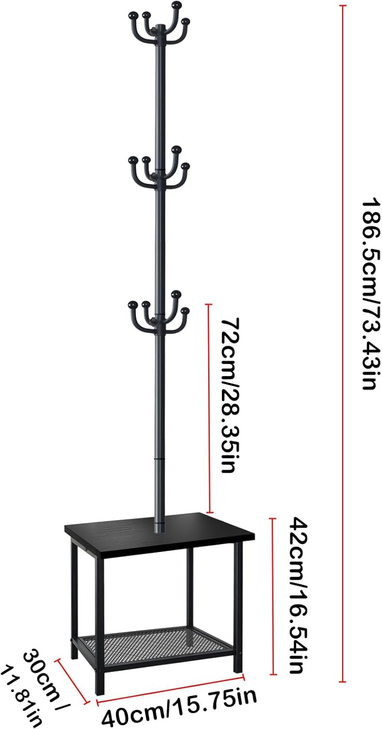 Rustic Black Hall Tree Coat Rack with Bench & Shoe Storage | 12 Hooks Stand