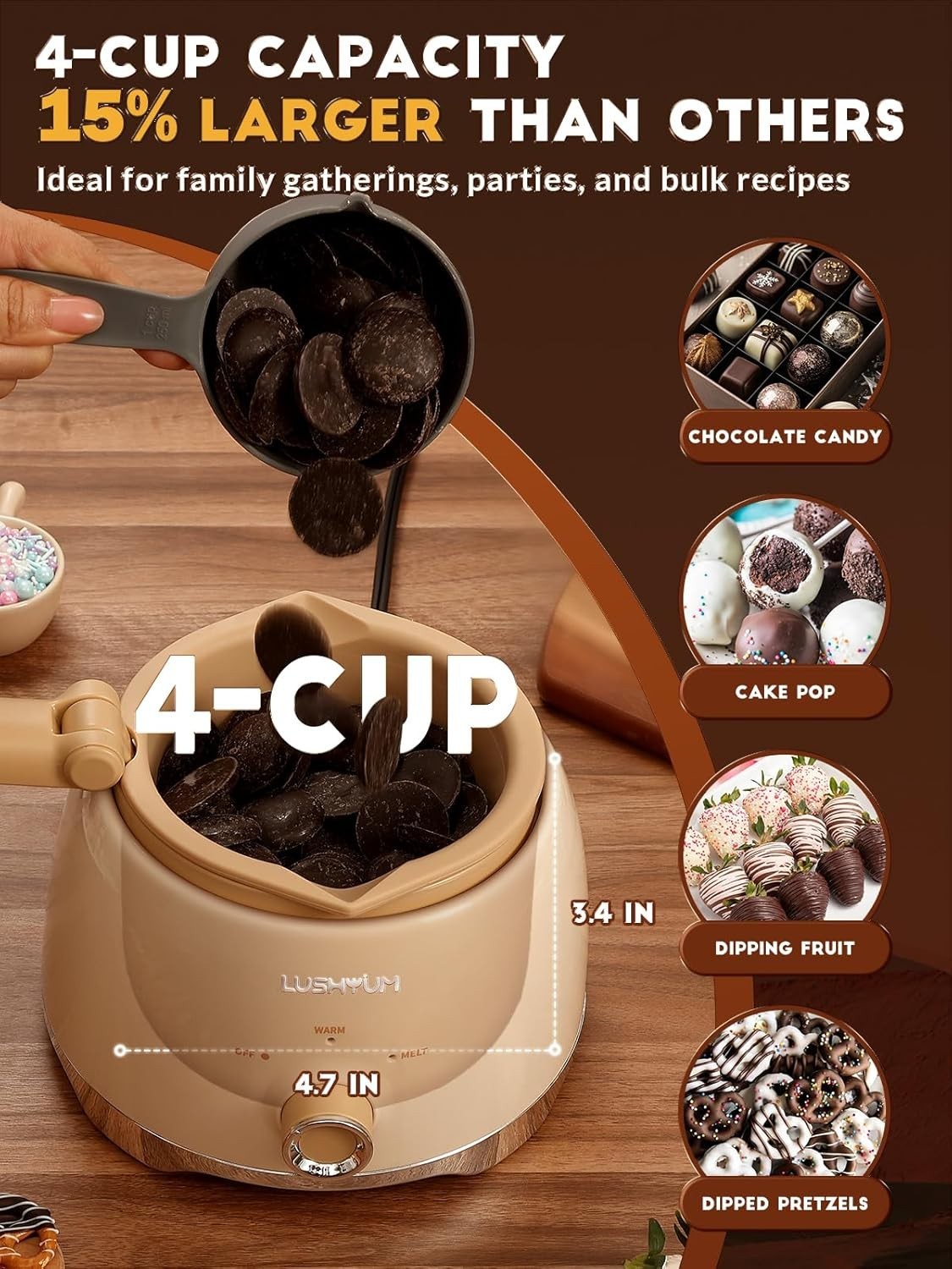 Chocolate Melting Pot 4 Cup Candy Melts Warmer Fondue Dipping Set