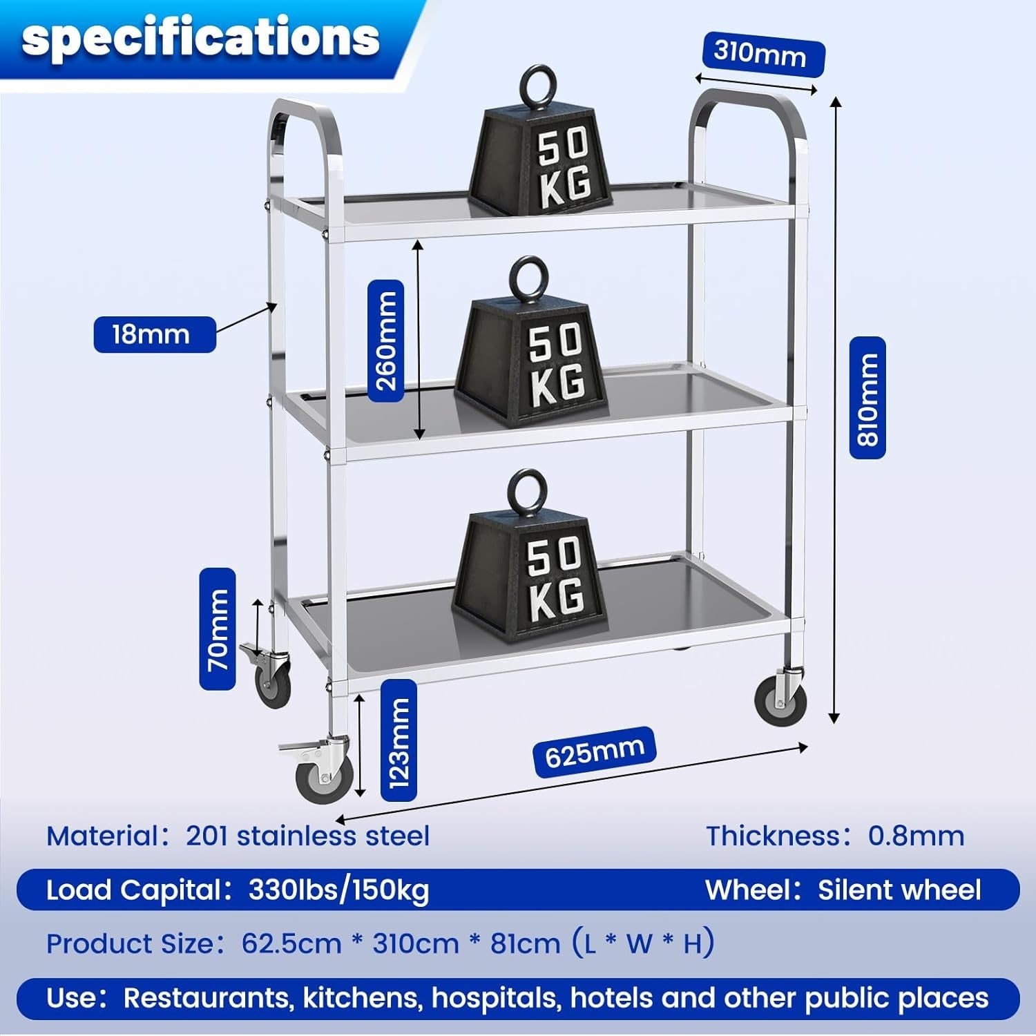 3 Tier Stainless Steel Kitchen Trolley Cart 500KG