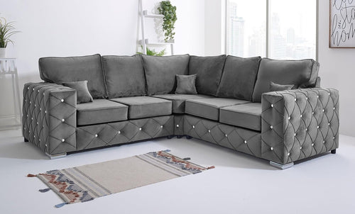 Steel Plush Velvet 5 Seater Corner Sofa - Milton Fullback Diamond Button Tufted