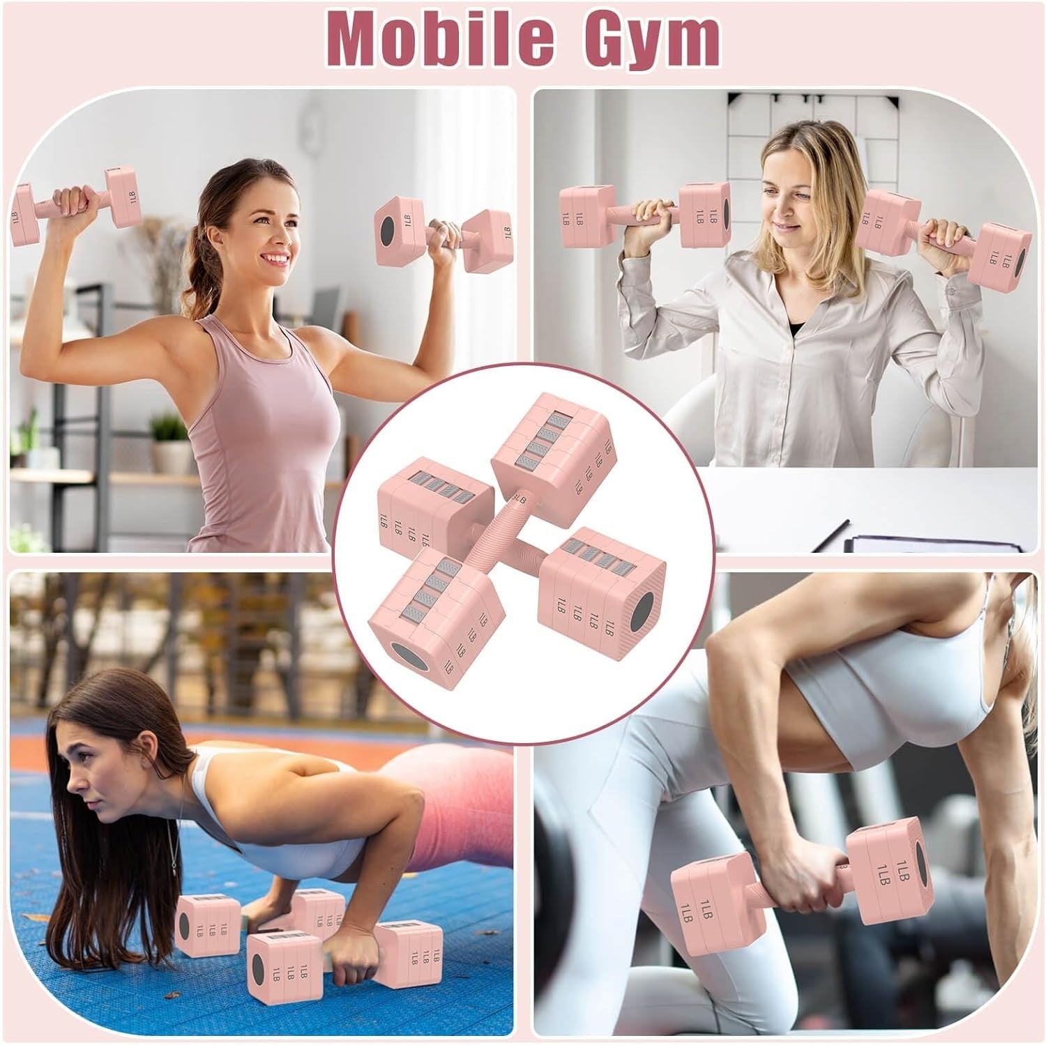 5-in-1 Adjustable Dumbbell Pair 3–11LB Quick Change Pink Home Gym Weights