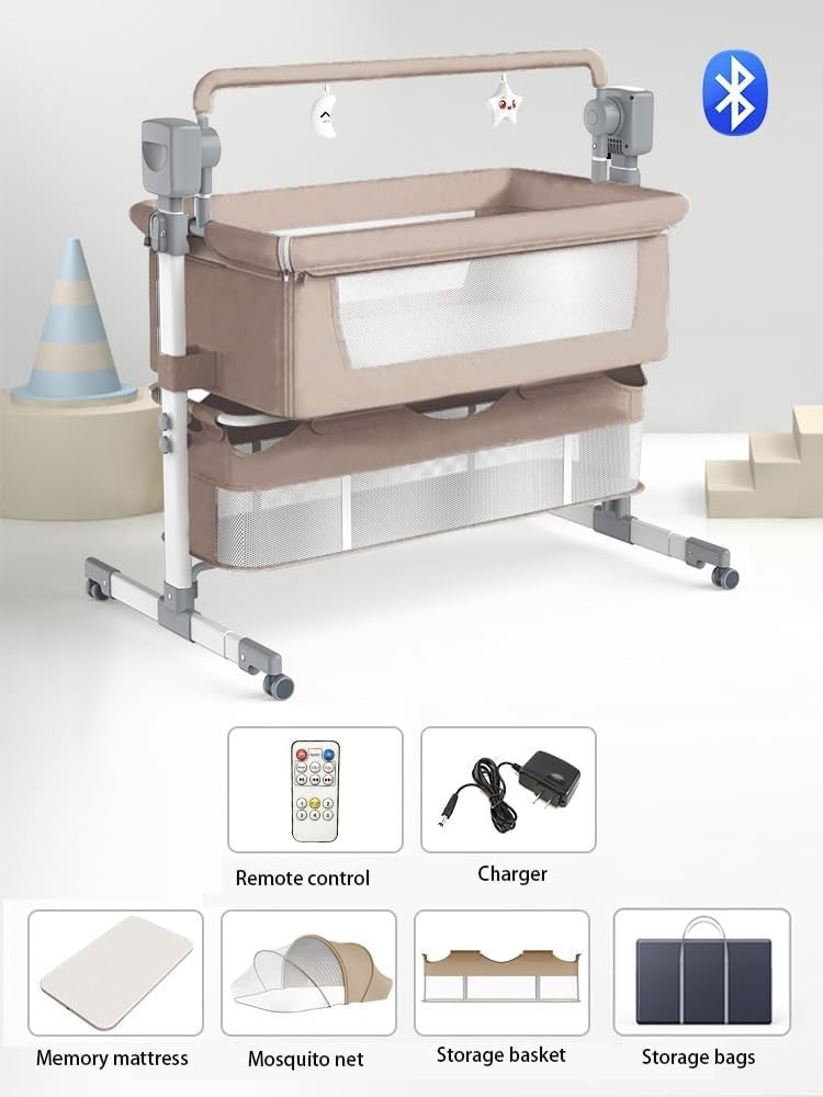 Smart Baby Bedside Crib with Music, Remote, Adjustable Height & Swing Beige