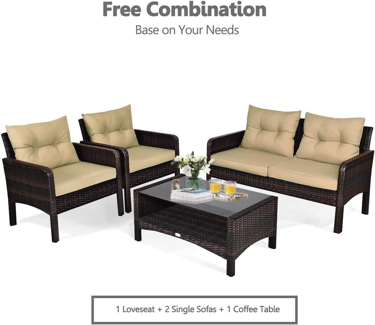 4PC Rattan Garden Conversation Set Cushioned Sofa Chairs Glass Table