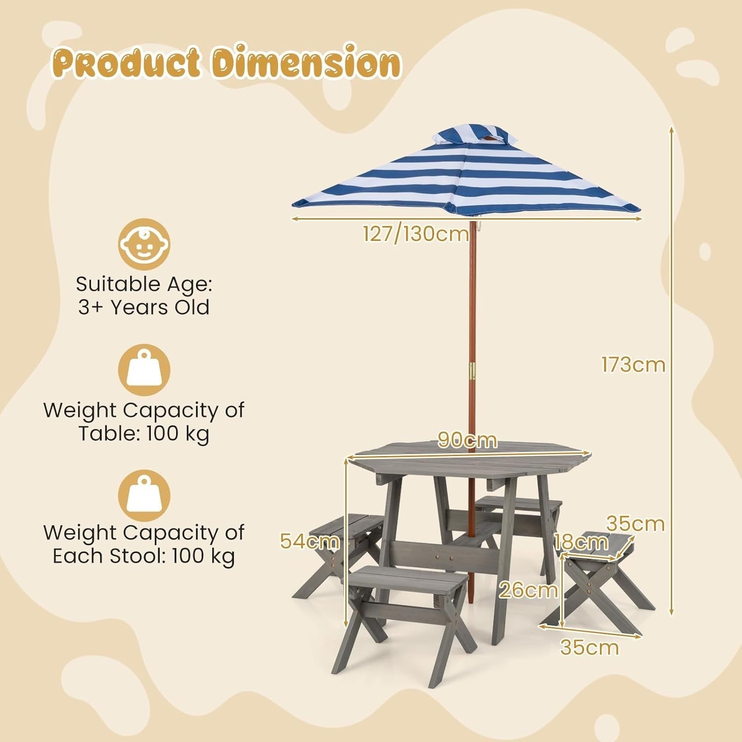 Kids Wooden Picnic Table Set w/ 4 Stools & Adjustable Umbrella Outdoor Indoor