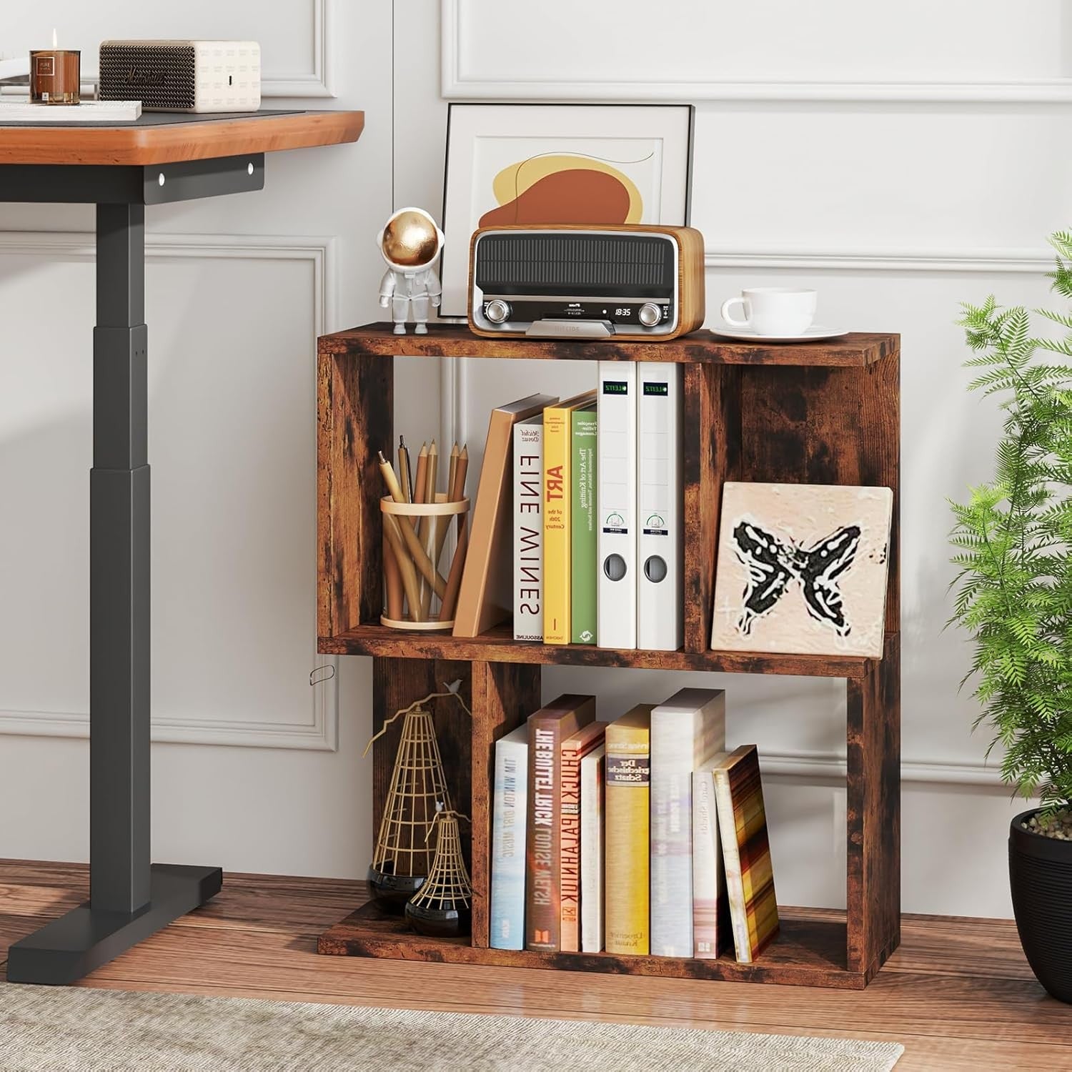 Rustic Brown 3 Tier S-Shaped Bookcase Small Freestanding Display Shelf 50×18×56