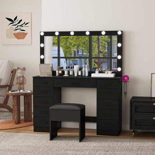 Vanity Makeup Dressing Table Set 11 Drawers LED Mirror Stool Storage Black White