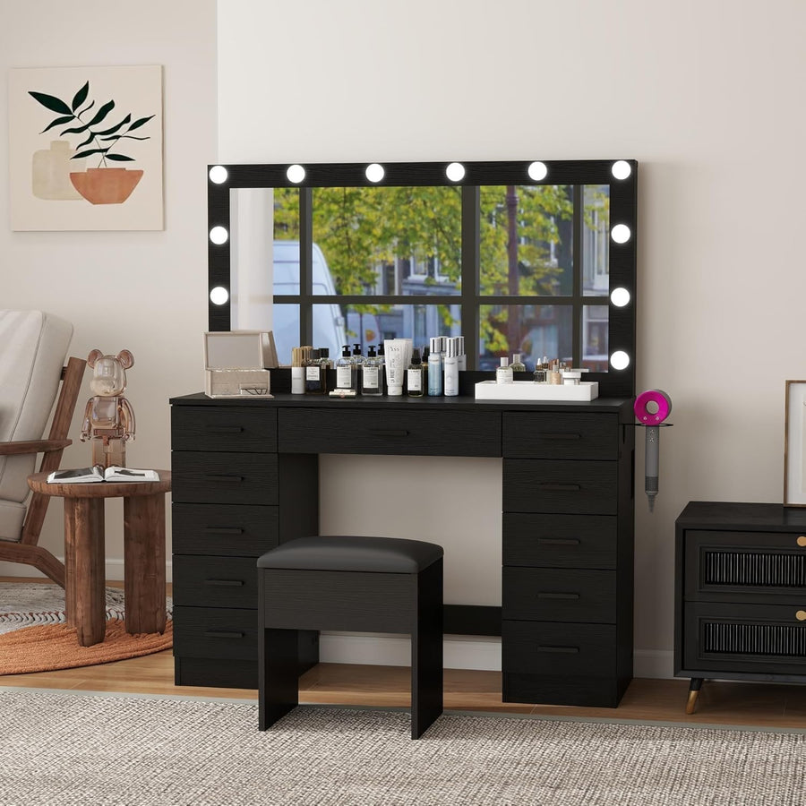 Vanity Makeup Dressing Table Set 11 Drawers LED Mirror Stool Storage Black White