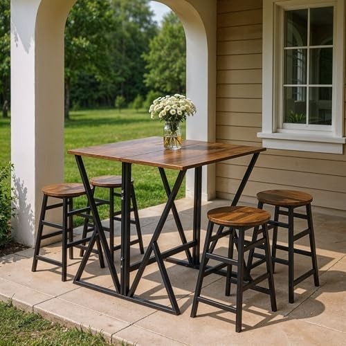 Folding Breakfast Bar Table Set with 4 Stools Space Saving Industrial Design