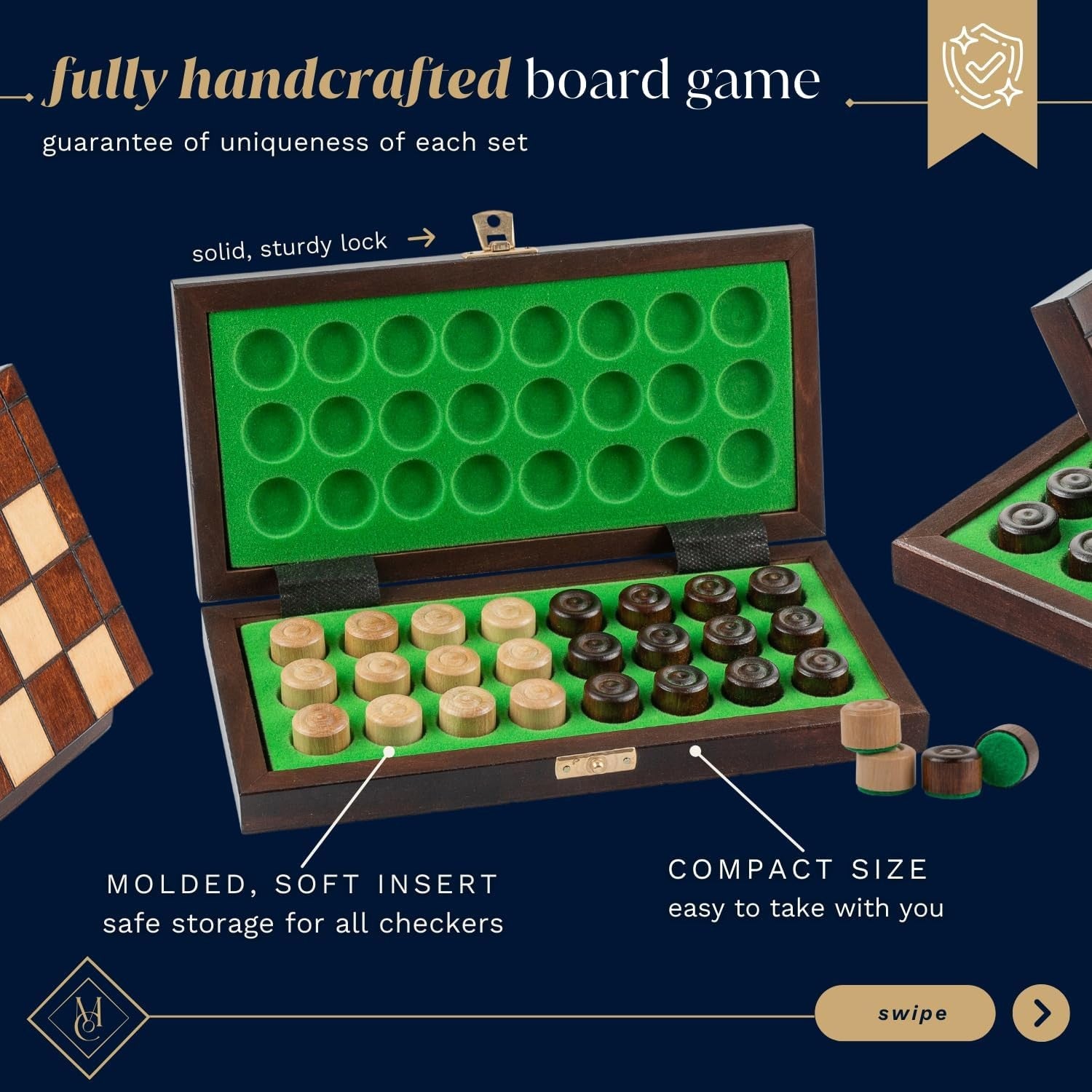 25cm Wooden Checkers Set | Folding 64-Square Travel Draughts Board | Compact Gam