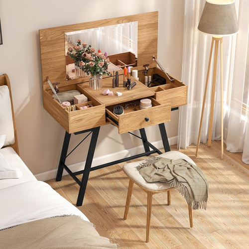 Vanity Makeup Dressing Table Desk Mirror Wood Drawer Charger Station Rustic