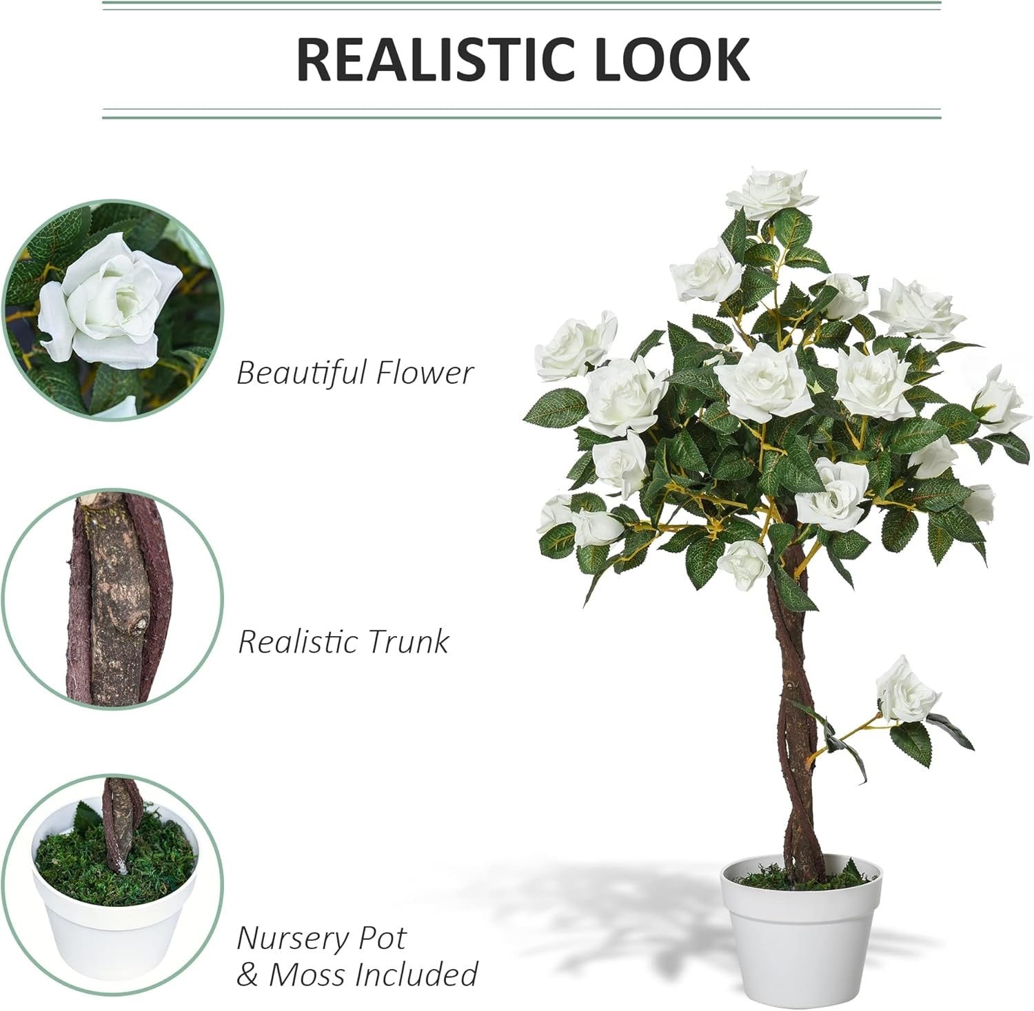 Artificial Rose Tree 90cm / 3ft White Faux Flower Plant Potted Home Garden Decor