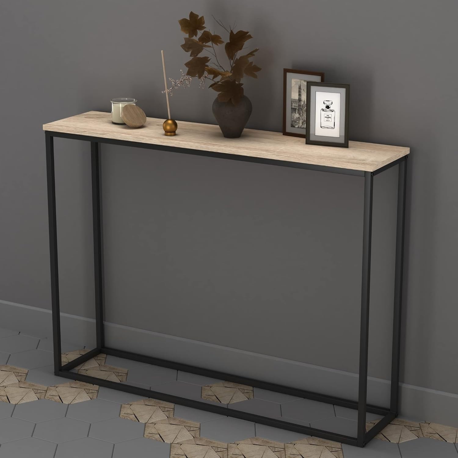 Slim Wooden Hallway Console Table with Metal Legs - 24D x 100W x 75H cm