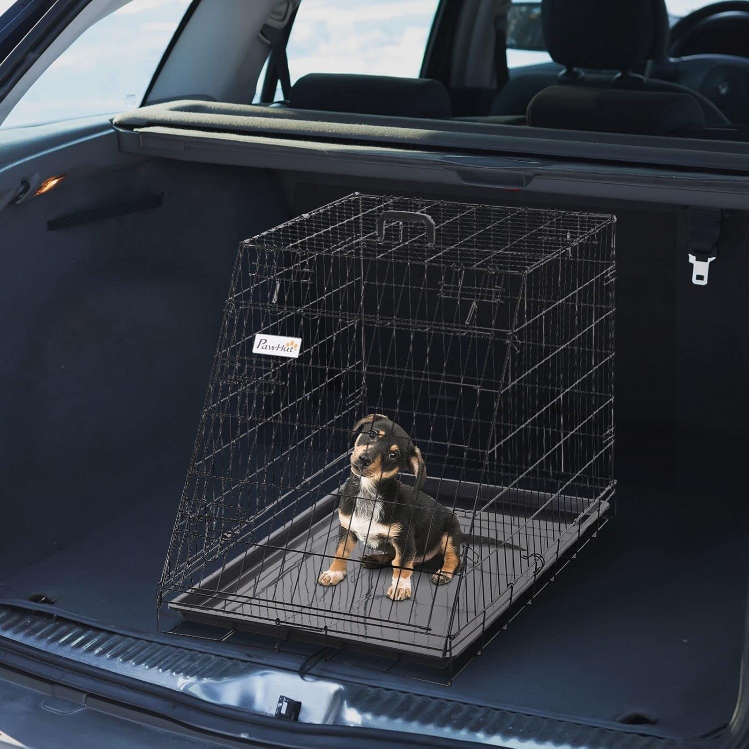 Folding Metal Dog Crate with Tray & Handle – Portable Car Travel Cage