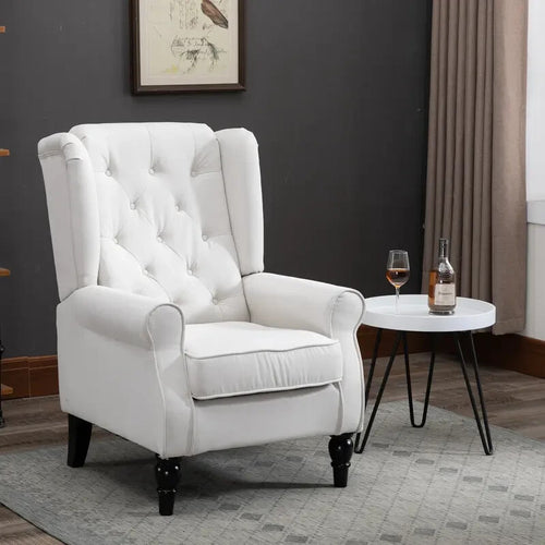 Cream Wingback Accent Armchair Linen Tufted High Back Chair Wood Legs