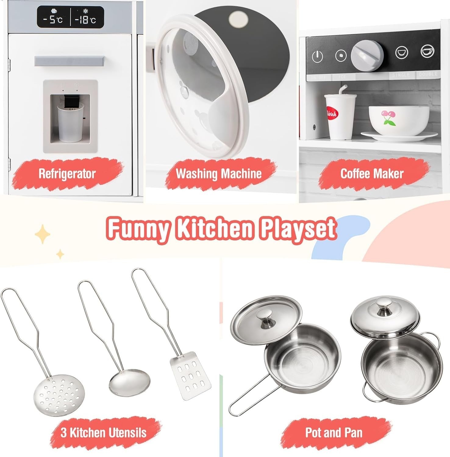 Kids Wooden Play Kitchen Lights Sounds Washer Coffee Maker Toy