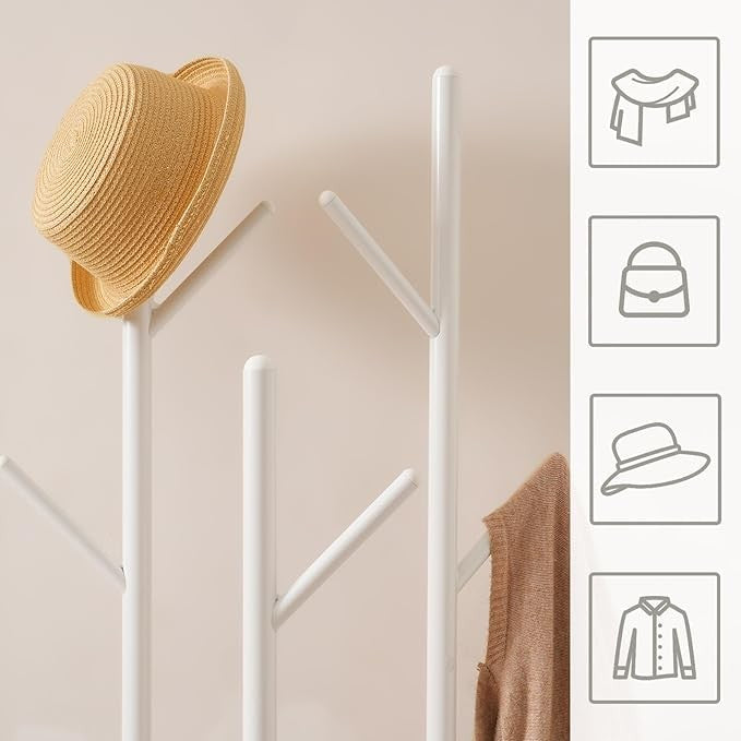 White Freestanding Coat Rack with 8 Hooks & Shelves | Modern Hall Tree Stand