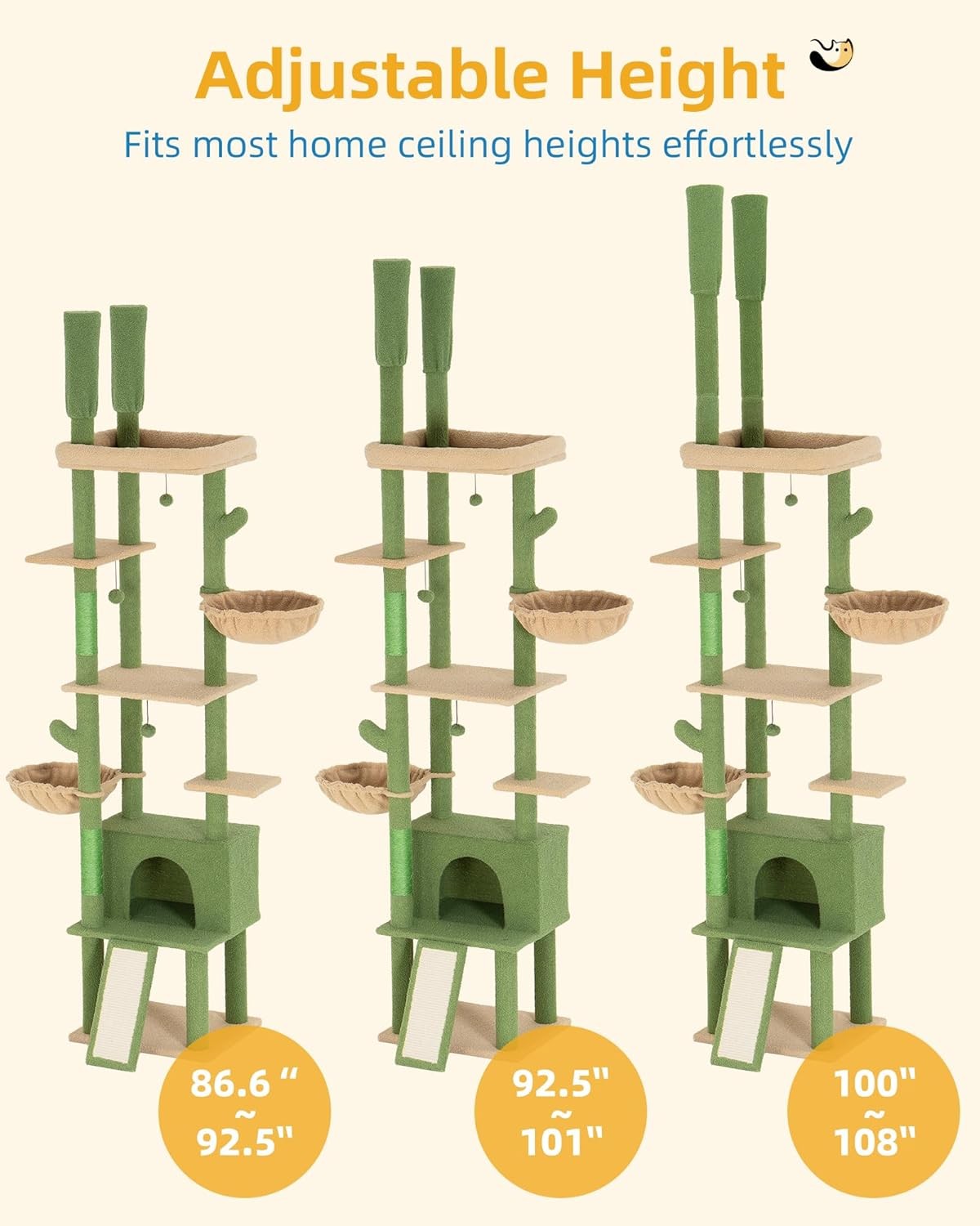 Floor to Ceiling Cat Tree 220–274cm Adjustable Tall Cat Tower Hammock Condo