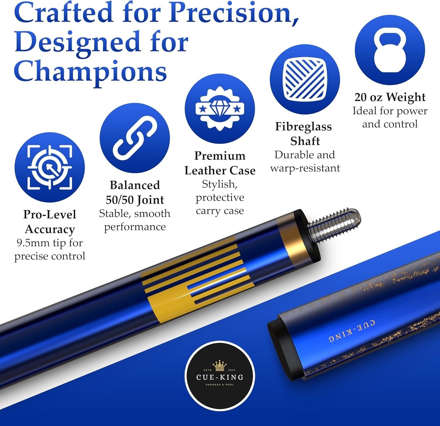 58in Professional Pool Cue 20oz 2 Piece 9.5mm Tip Blue w Case
